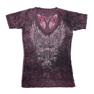 Sinful by Affliction United Reversible Tshirt Women's Size Large V-neck Eggplant